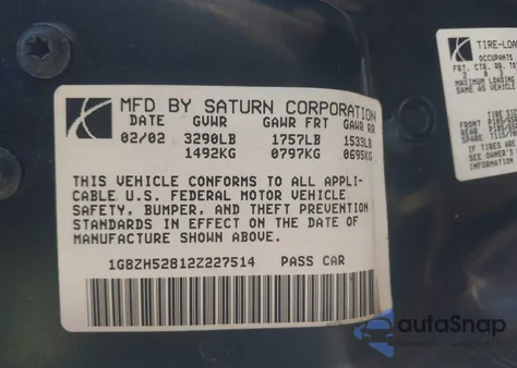 2002 Saturn S-Series Sl1 z USA, uszkodzony, nr VIN 1G8ZH52812Z227514